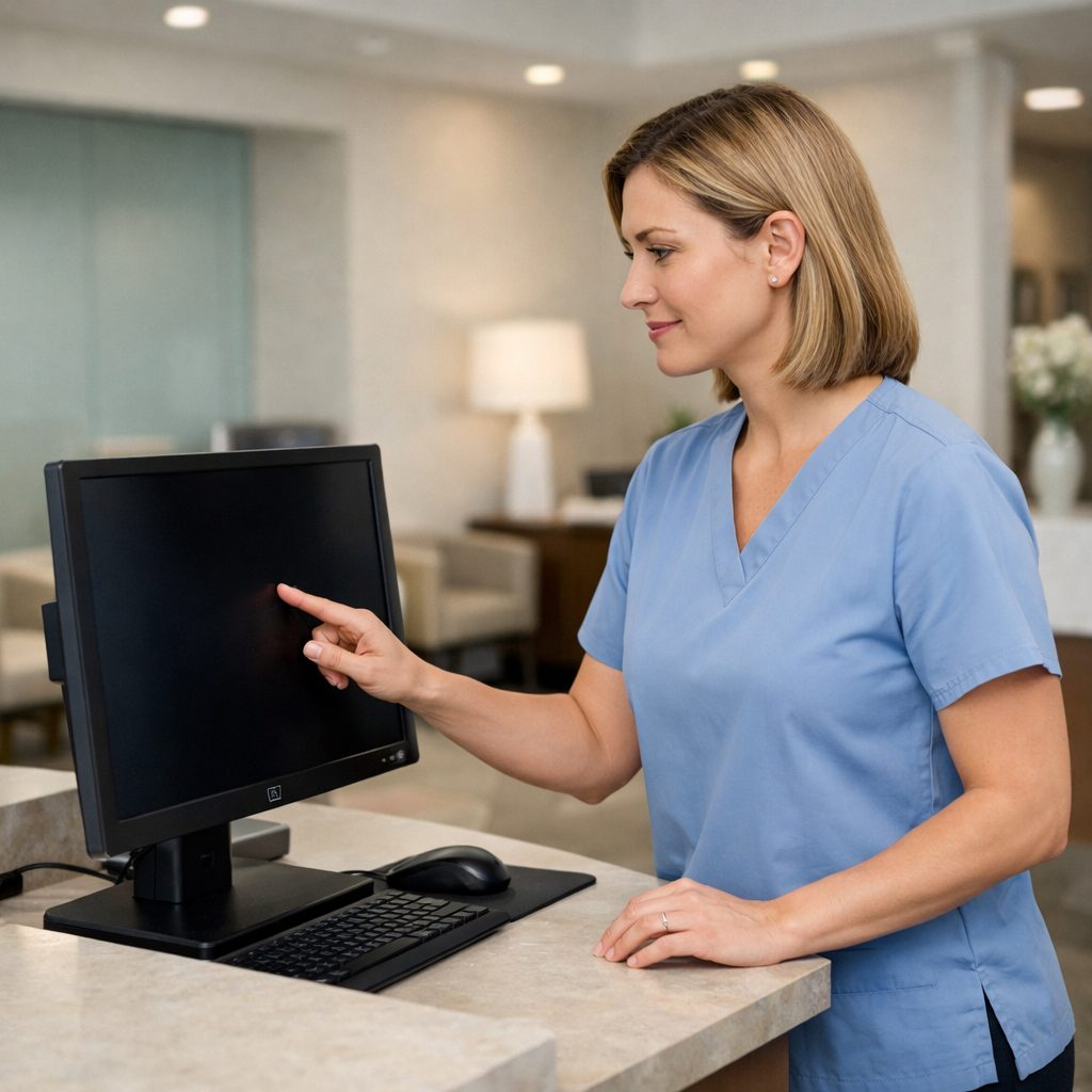 Medical receptionist locking a computer screen with a privacy filter at the front desk