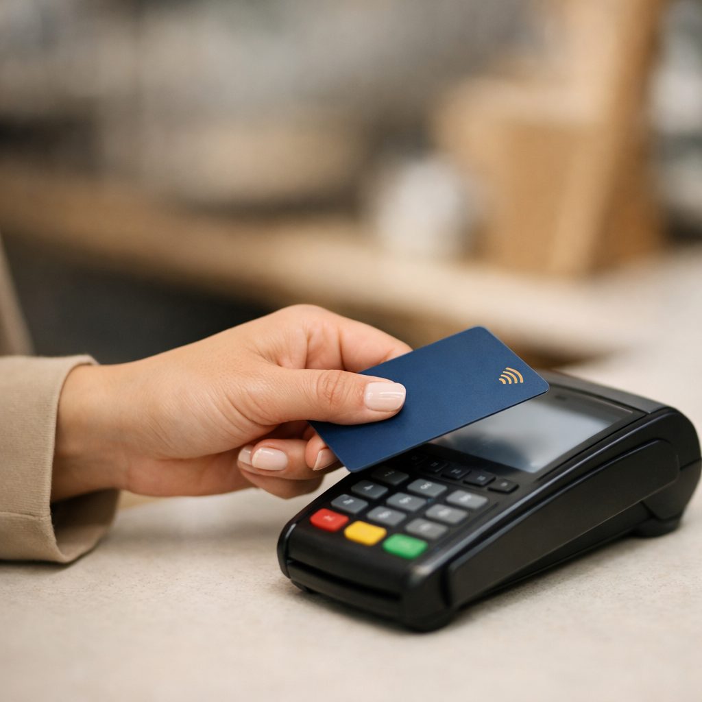 Customer tapping a contactless card on a countertop payment terminal