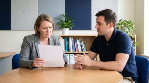 Business owner questioning a printed dark web monitoring report while a Triton security engineer explains