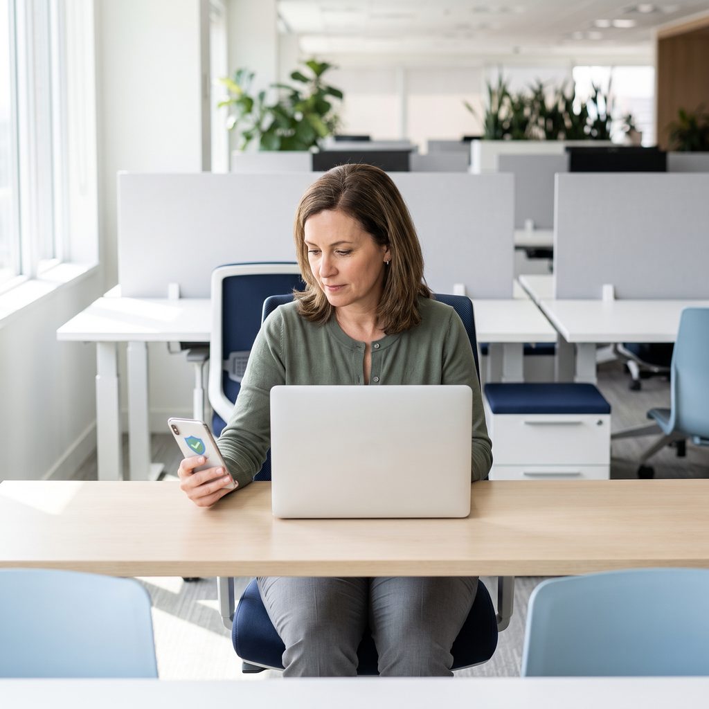 Employee approving a multi-factor authentication sign-in request on her phone at her desk