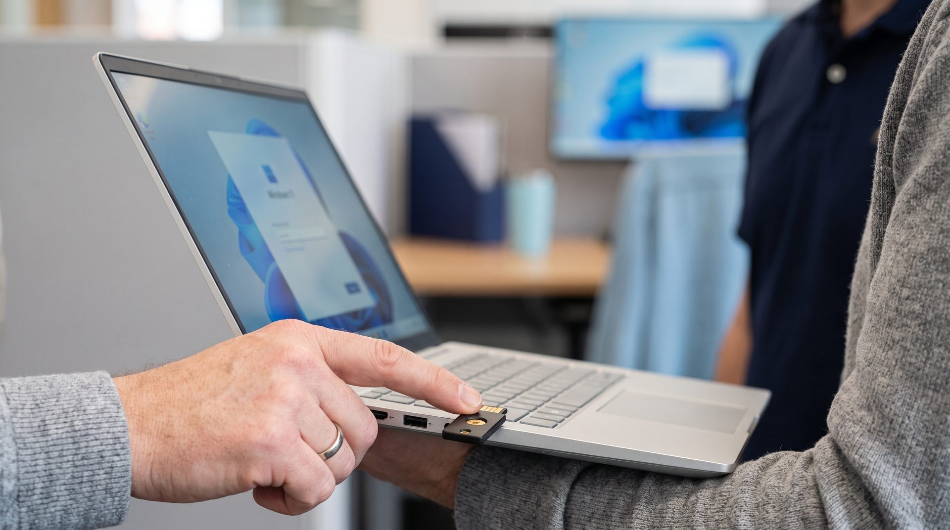 Employee touching a hardware security key plugged into a laptop to sign in