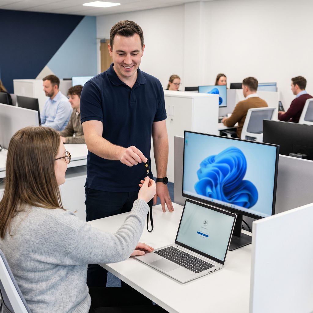 Triton technician handing a hardware security key to a new employee