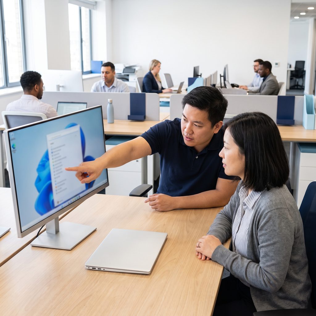Security engineer reviewing outside vendor accounts with an office administrator