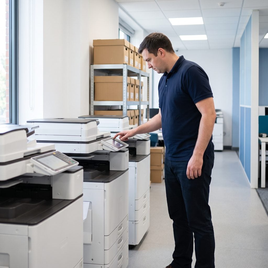 Triton technician checking the settings on a row of office multifunction printers