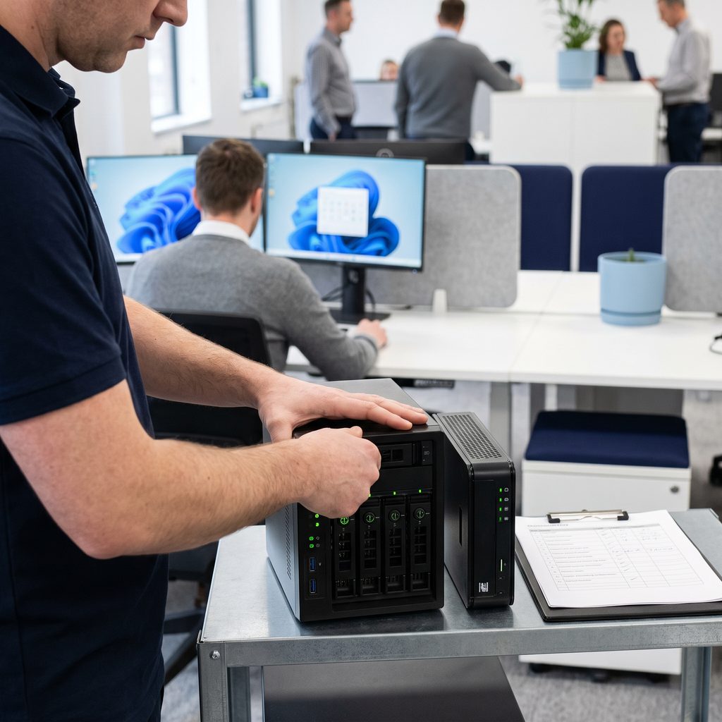 Engineer checking a backup appliance and server during a restore check