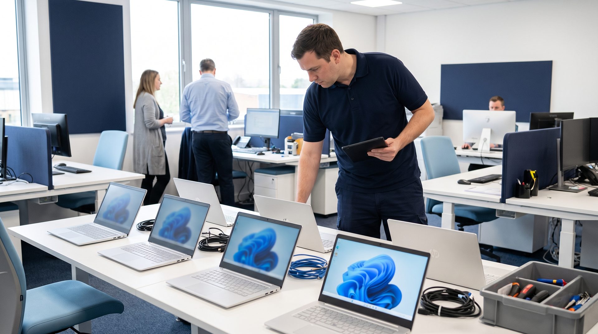 Triton technician setting up a row of new Windows 11 laptops