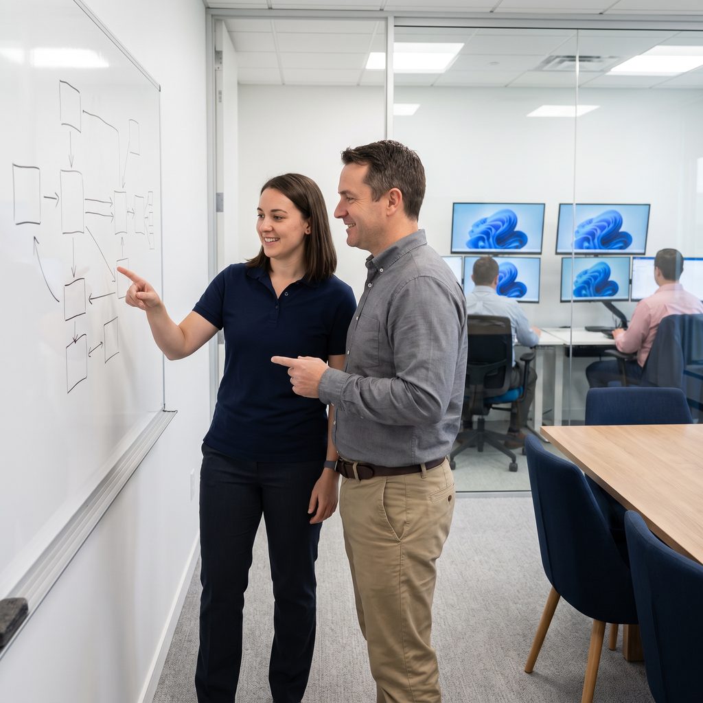 Consultant and office manager planning a computer replacement schedule on a whiteboard