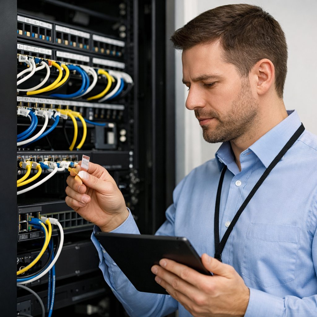 Triton engineer documenting network equipment during discovery for a new client