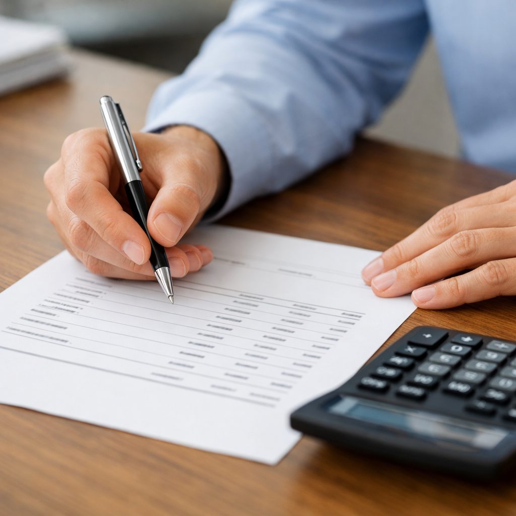 Hands reviewing a printed invoice with separate line items beside a calculator