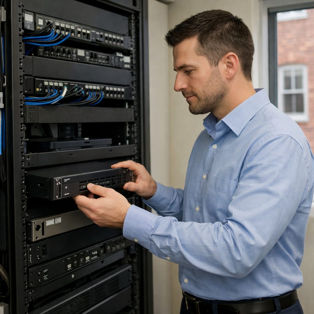 Engineer checking a managed backup appliance in a Massachusetts office