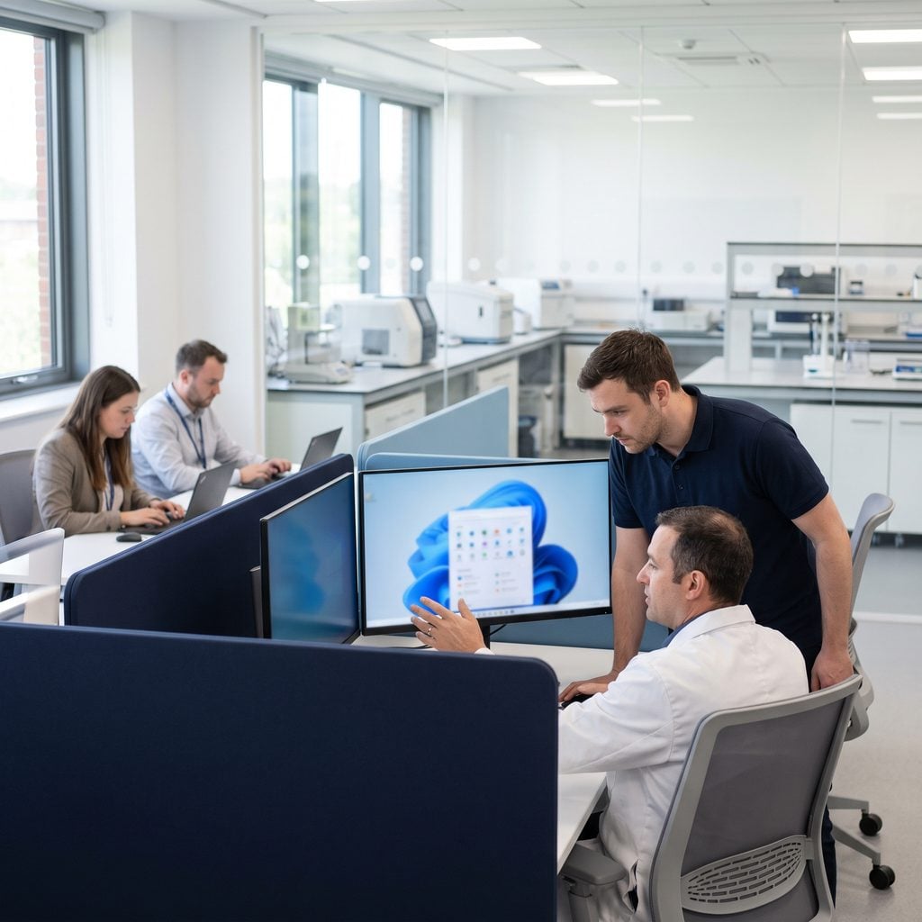 Triton technician helping a lab scientist at a workstation in a life sciences office