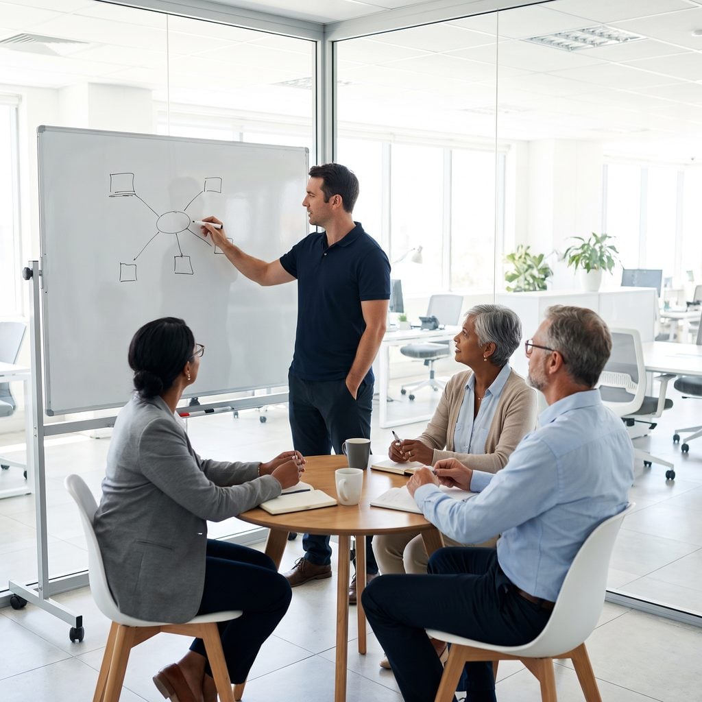 Triton consultant sketching a network plan on a whiteboard for three business leaders