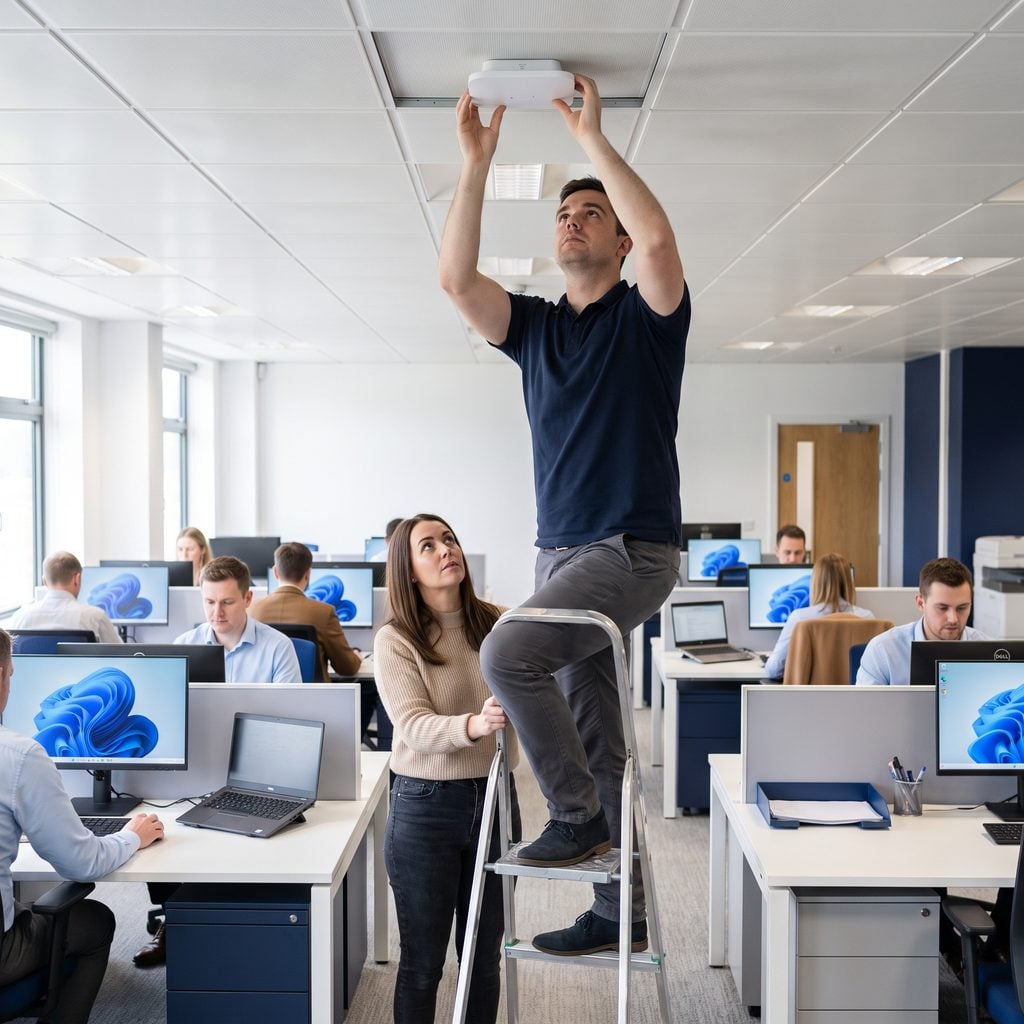 Triton technician mounting a ceiling wireless access point in a Providence office