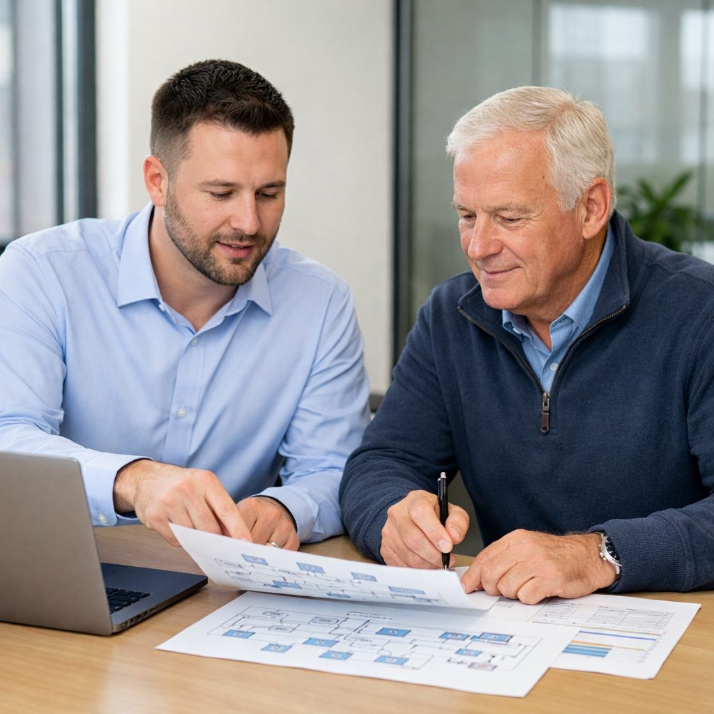 IT consultant reviewing a network diagram with a Rhode Island business owner