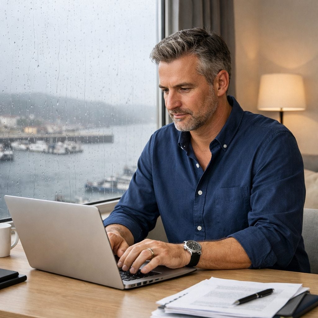 Business owner working remotely during a coastal storm with systems recovered from backup