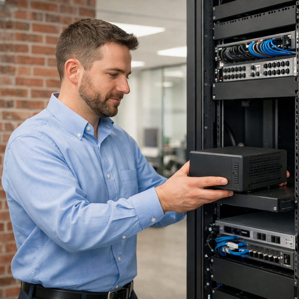 Technician installing a managed backup appliance in a Providence, Rhode Island office