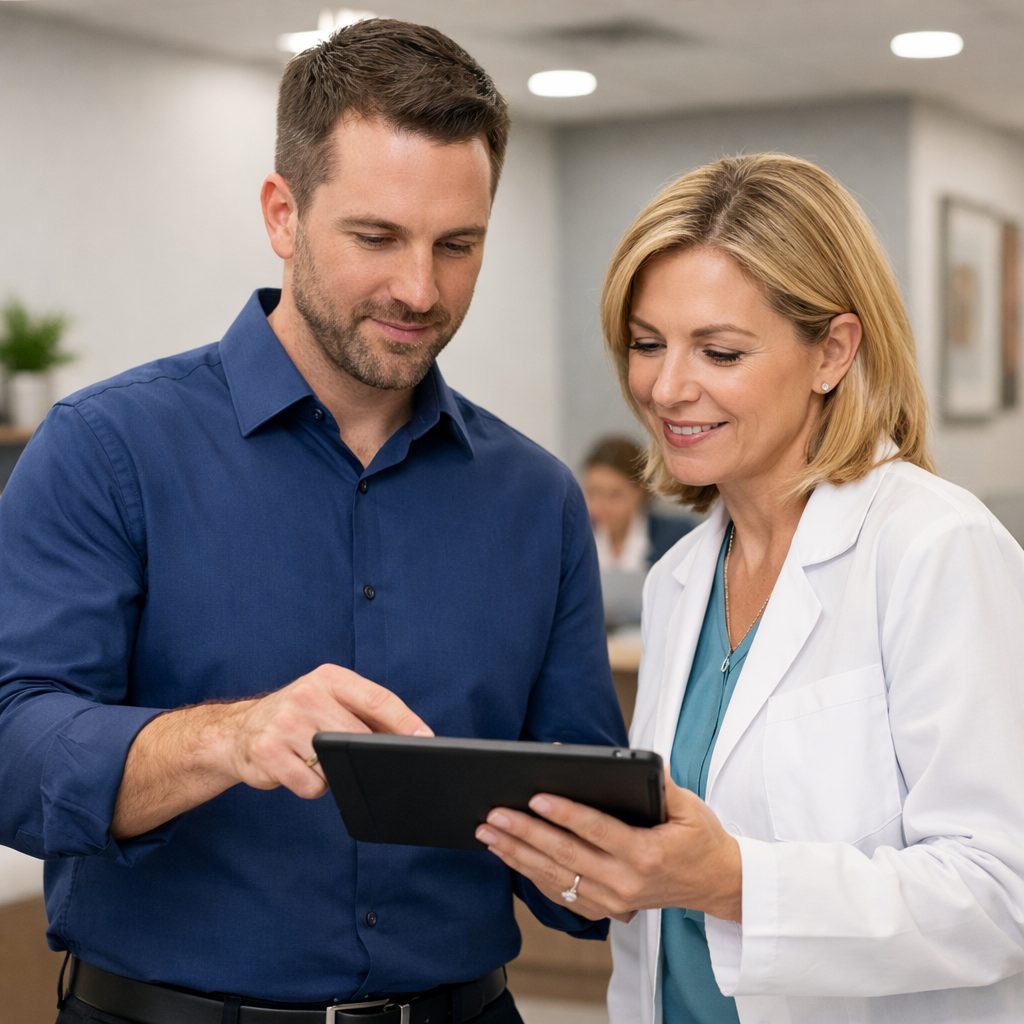 IT engineer reviewing restore test results with a Rhode Island clinic manager