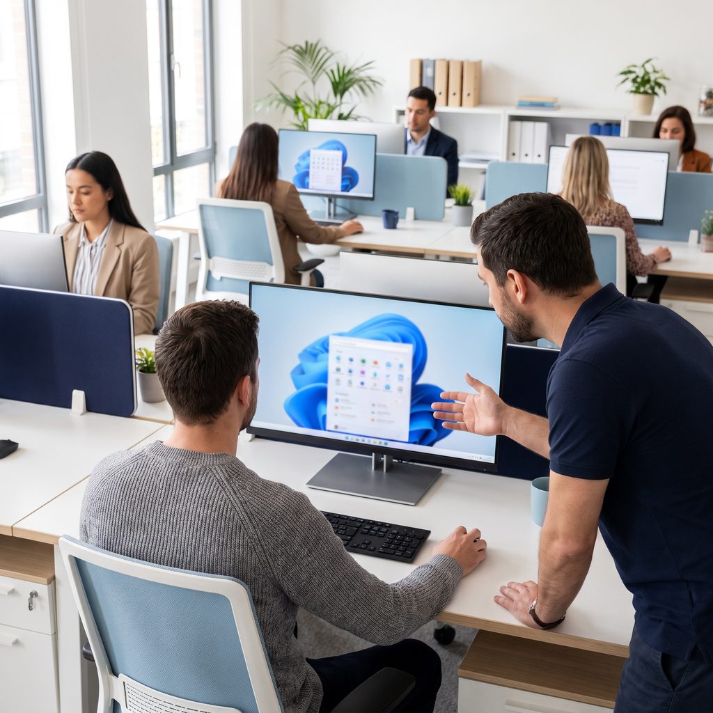 Triton technician and an employee looking at the same monitor during a desk-side computer support visit