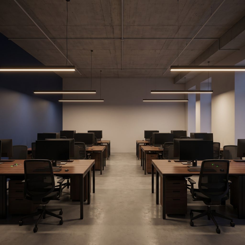 Empty office after hours with computers asleep while Triton runs overnight maintenance