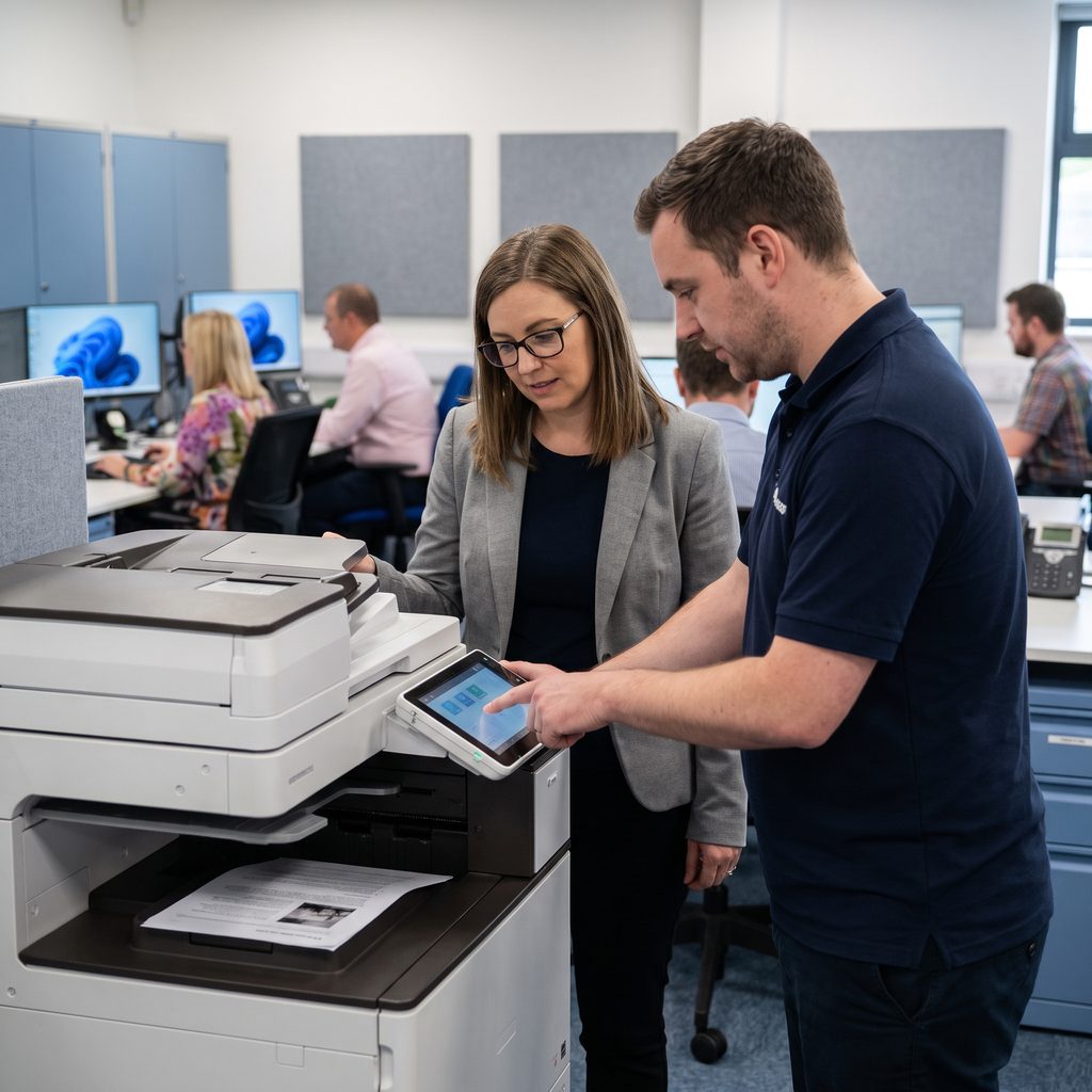 Triton technician and an office manager setting up an office multifunction printer
