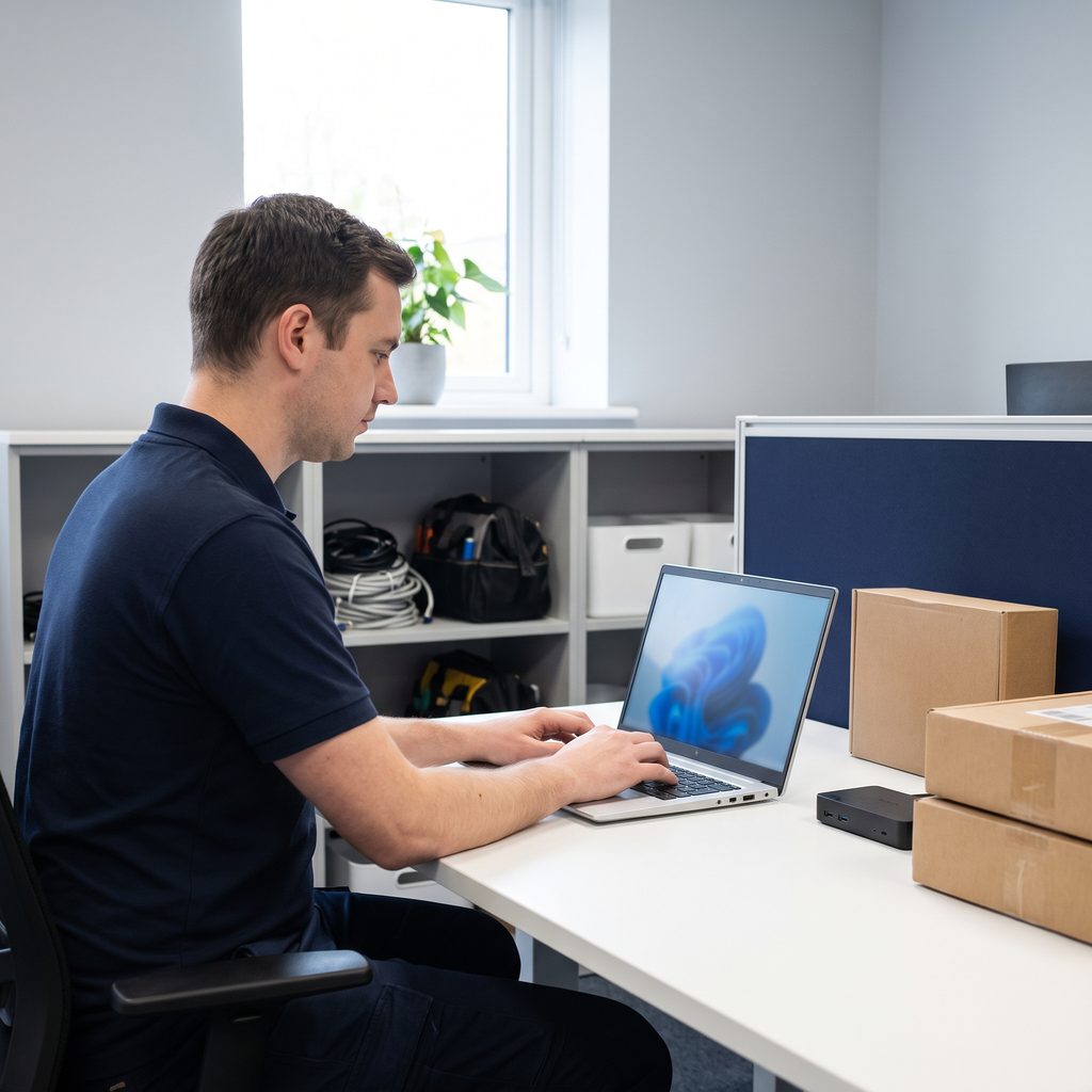 Triton technician setting up a new business laptop with Windows 11 in an IT workroom