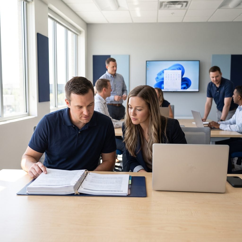 Security consultant and a business owner reviewing a written information security program binder