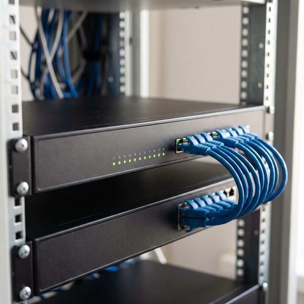 Business firewall appliance with bundled network cables in a network rack