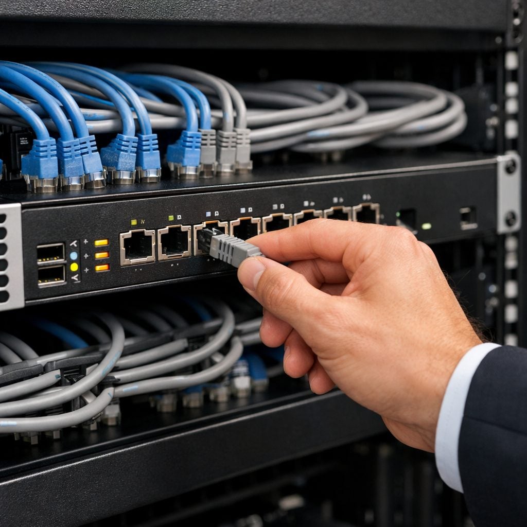 Business firewall appliance with bundled network cables in a server rack