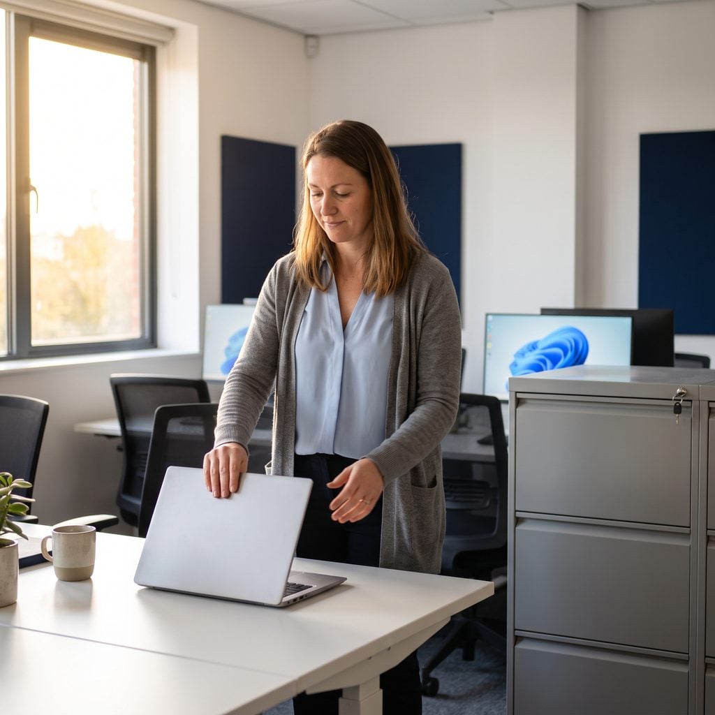 Professional closing a laptop beside a locked filing cabinet