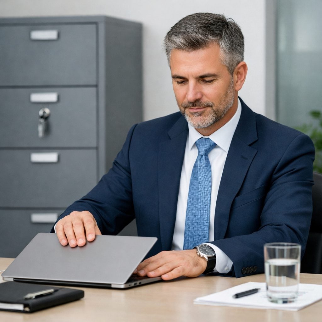 Professional closing a laptop beside a locked filing cabinet