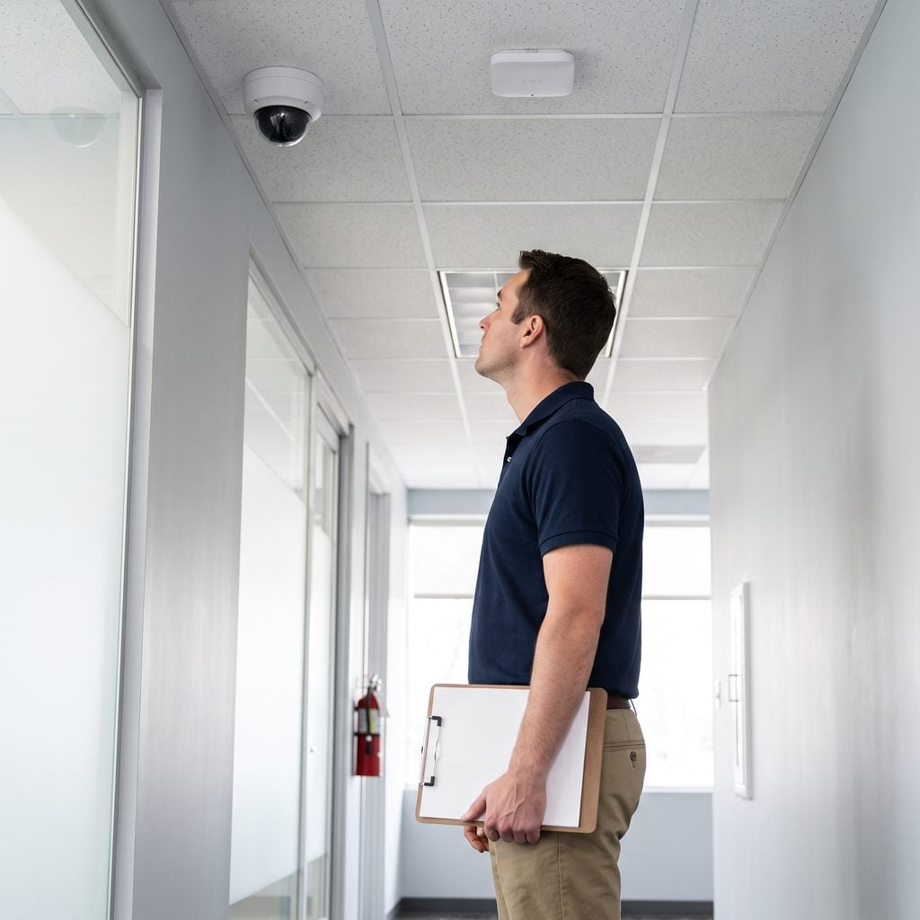 Security consultant checking ceiling cameras and access points during a physical walk-through