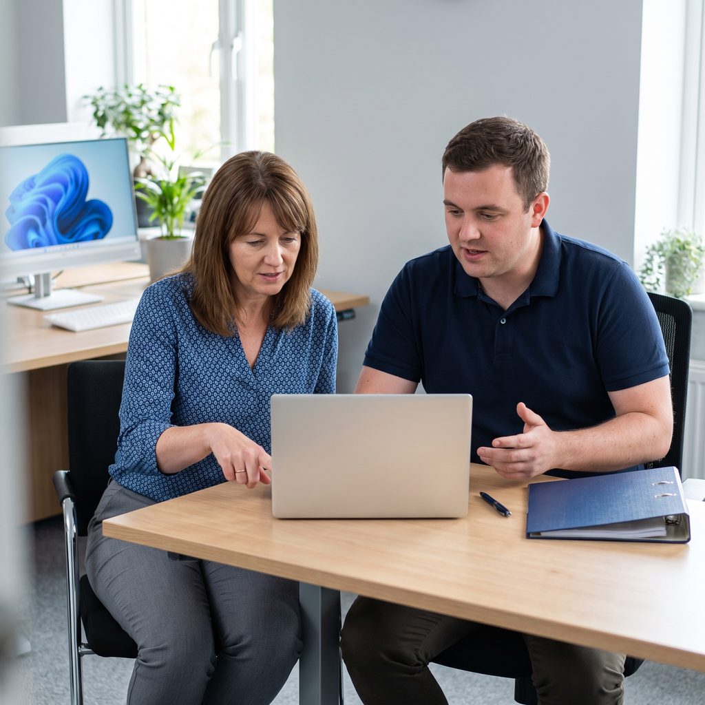 Triton consultant and an office manager reviewing compliance controls on a laptop