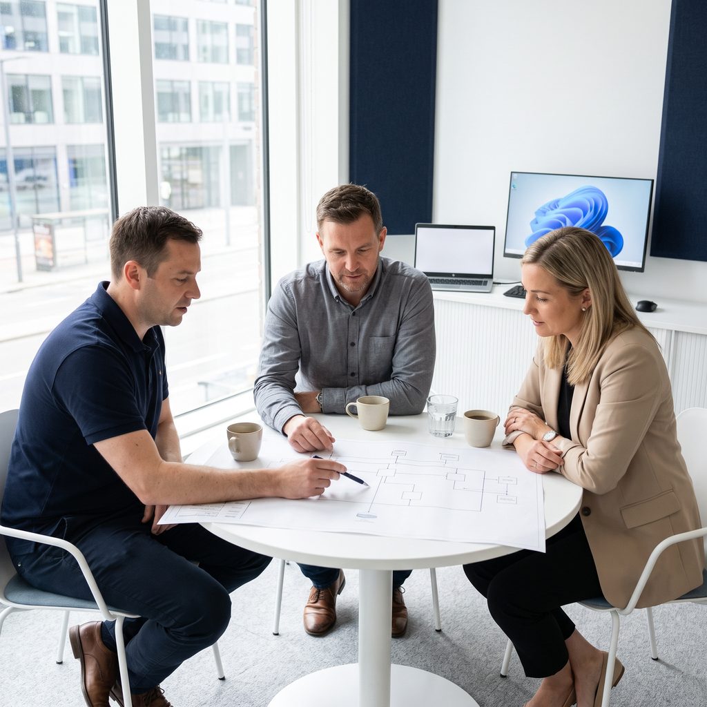 Triton IT consultant reviewing a network plan with two Worcester business owners