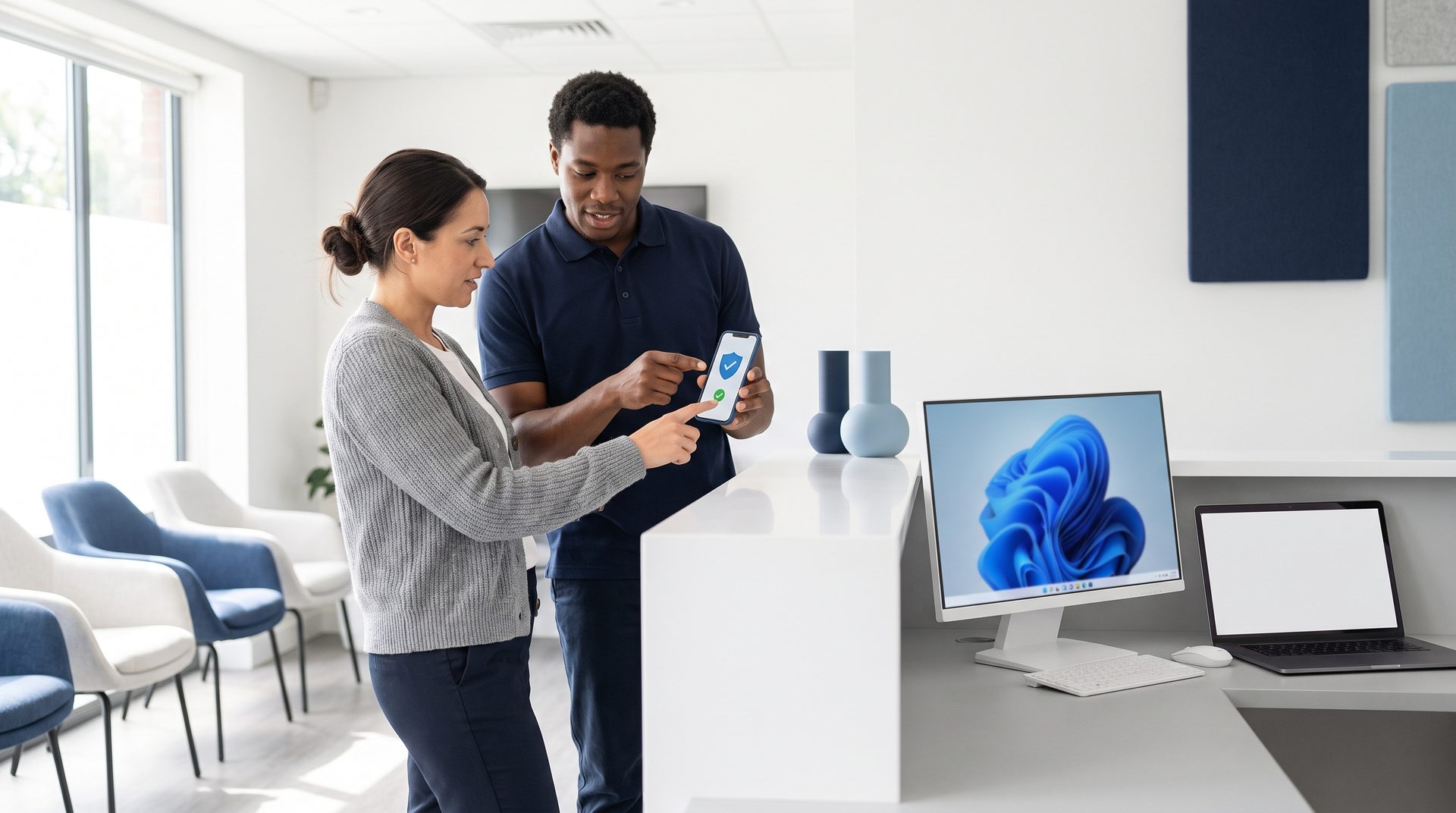 Triton security engineer helping a clinic practice manager approve a multi-factor sign-in