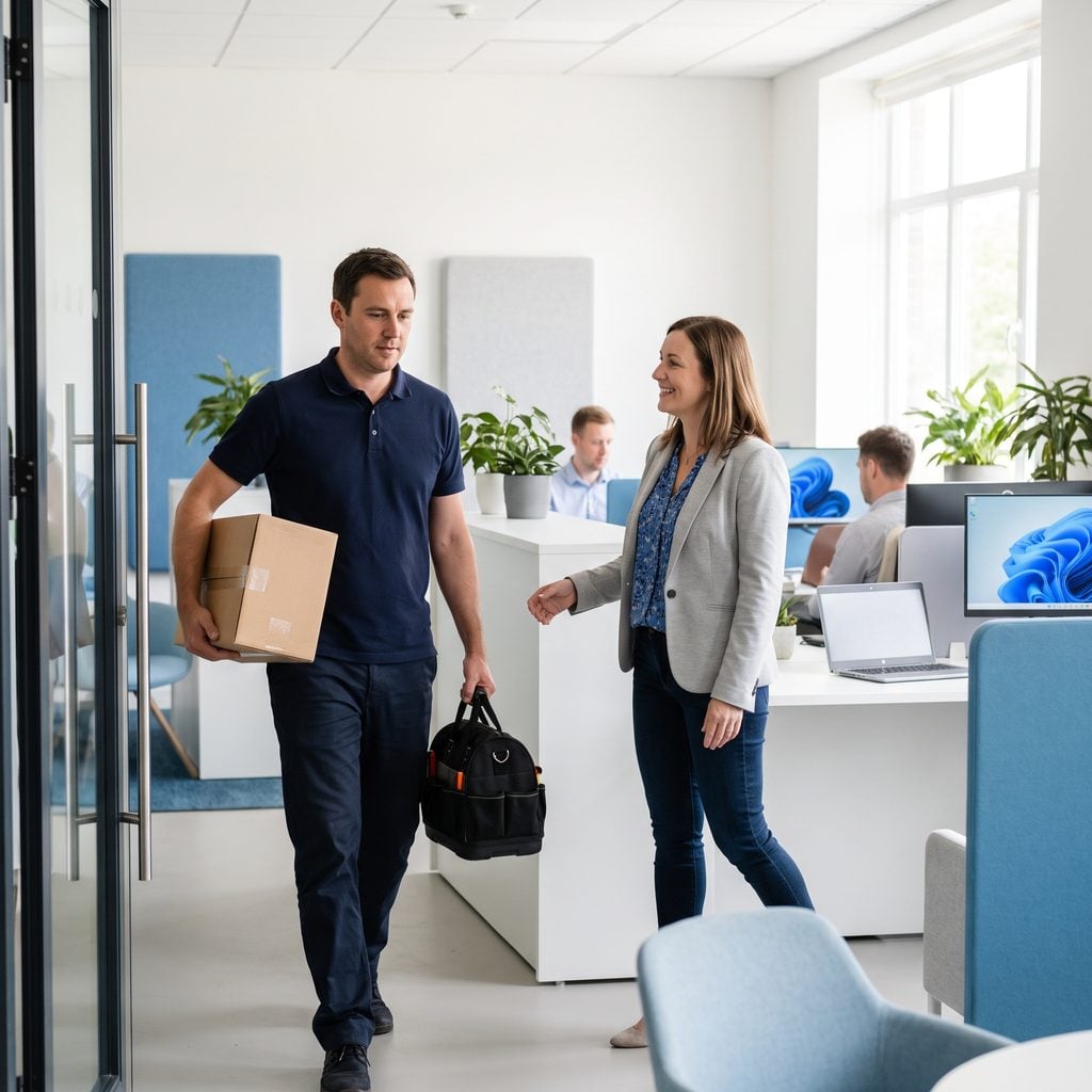 Triton technician arriving at a client office with a replacement laptop for on-site support