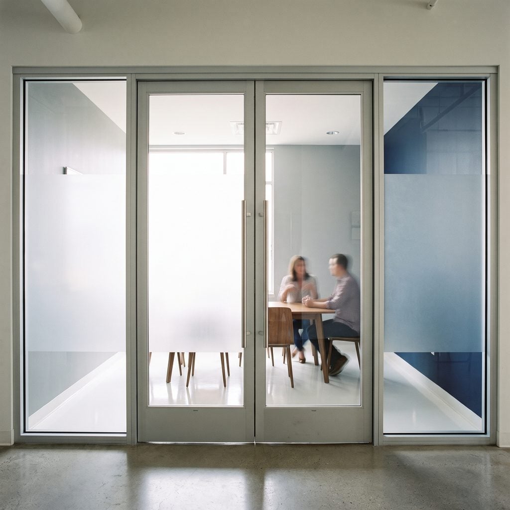 Private meeting behind frosted glass doors, showing client confidentiality