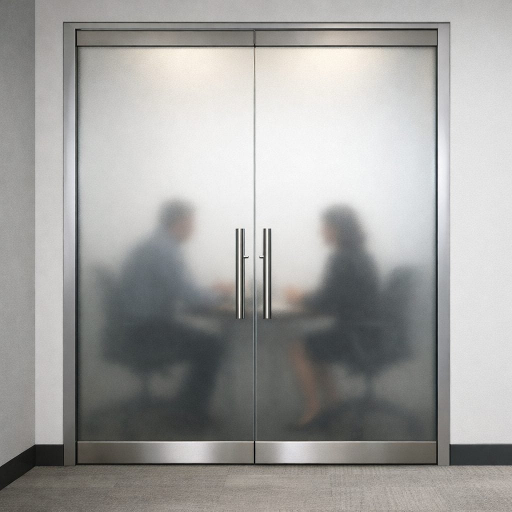 Private meeting behind frosted glass doors, showing client confidentiality
