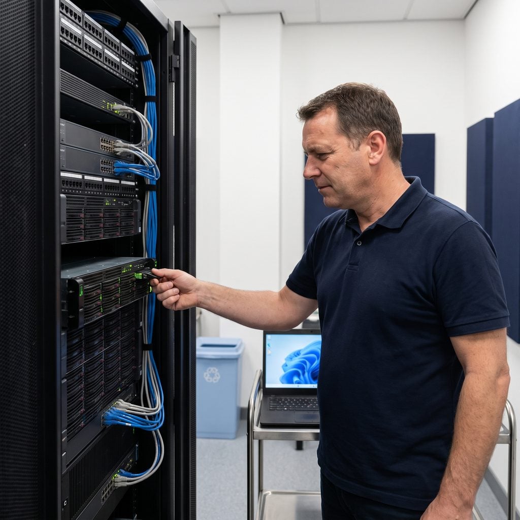 Triton engineer checking server status lights during proactive maintenance