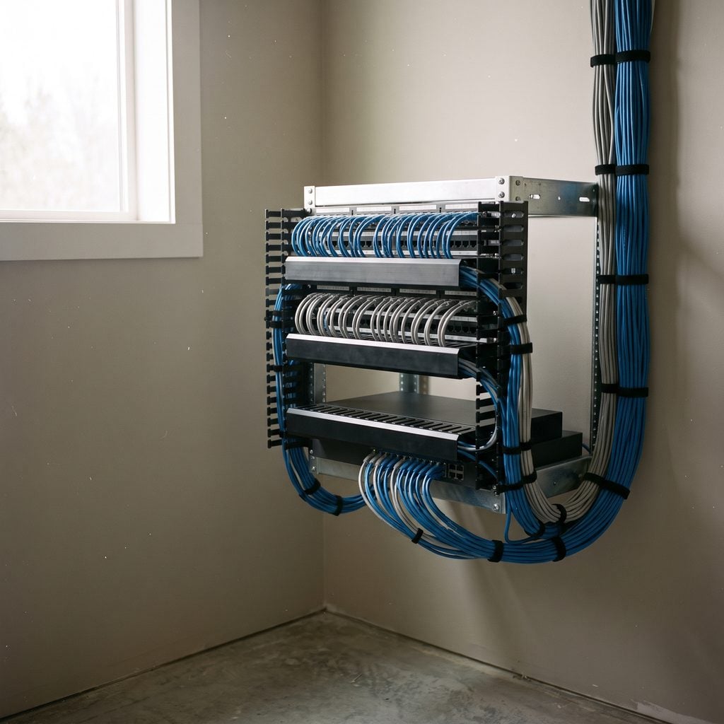 Network closet with a patch panel and neatly dressed ethernet cables