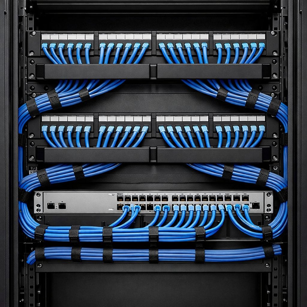 Network closet with a patch panel and neatly dressed ethernet cables