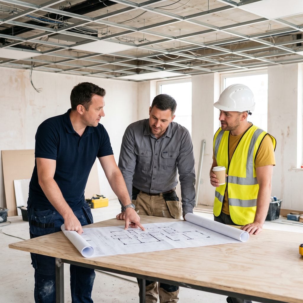 Project lead reviewing a floor plan with an electrician and a contractor