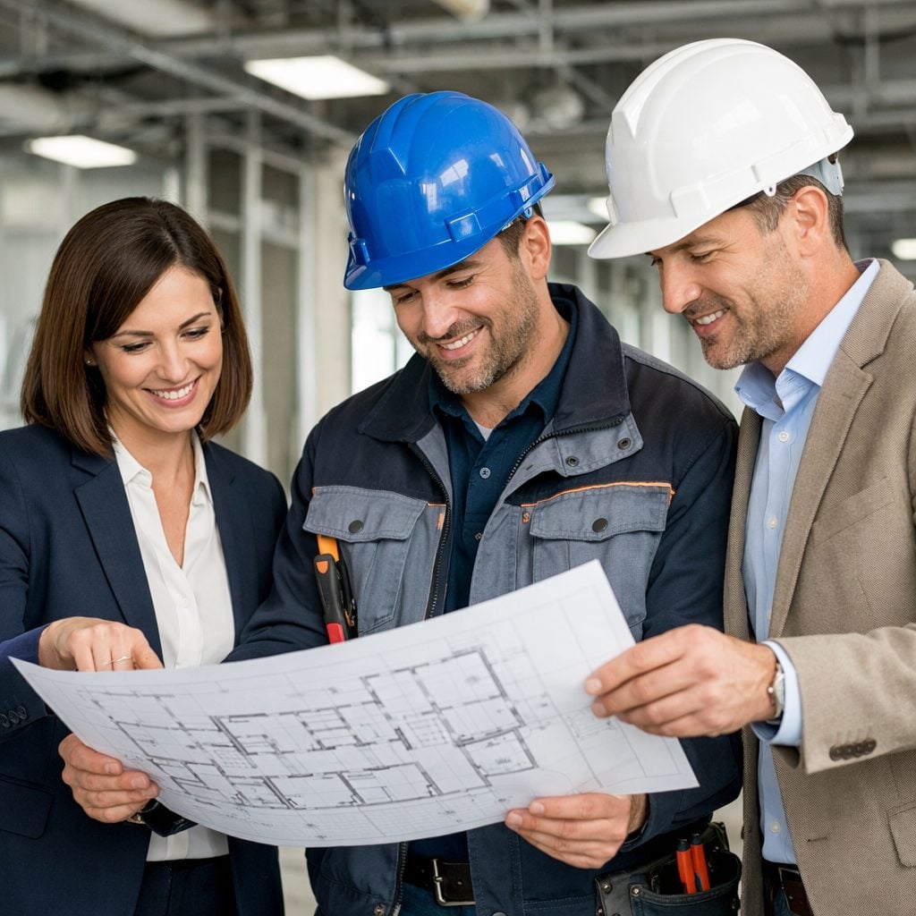 Project lead reviewing a floor plan with an electrician and a contractor