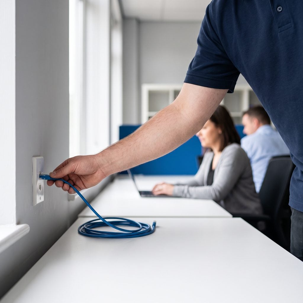 Technician connecting a patch cable to a new network wall jack
