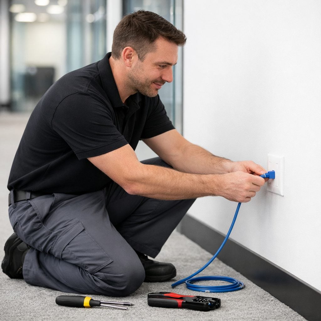 Technician connecting a patch cable to a new network wall jack