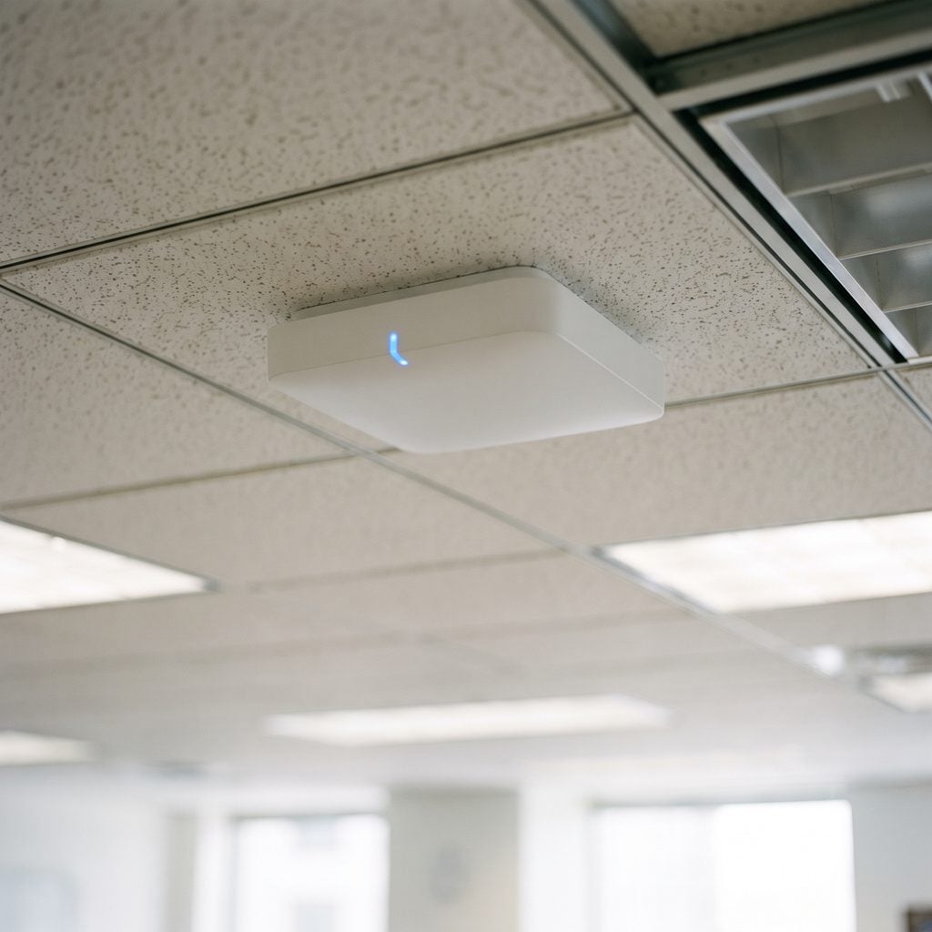 Enterprise wireless access point mounted on an office ceiling