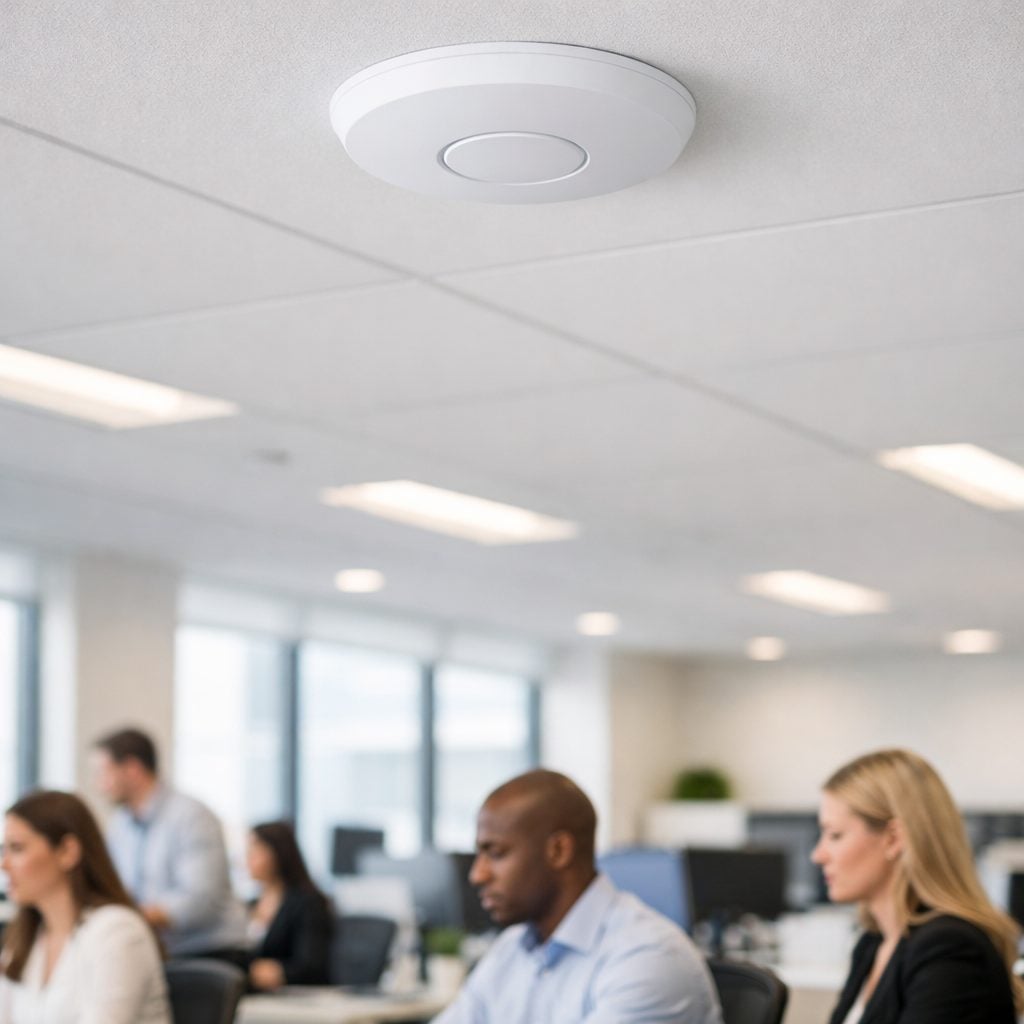 Enterprise wireless access point mounted on an office ceiling