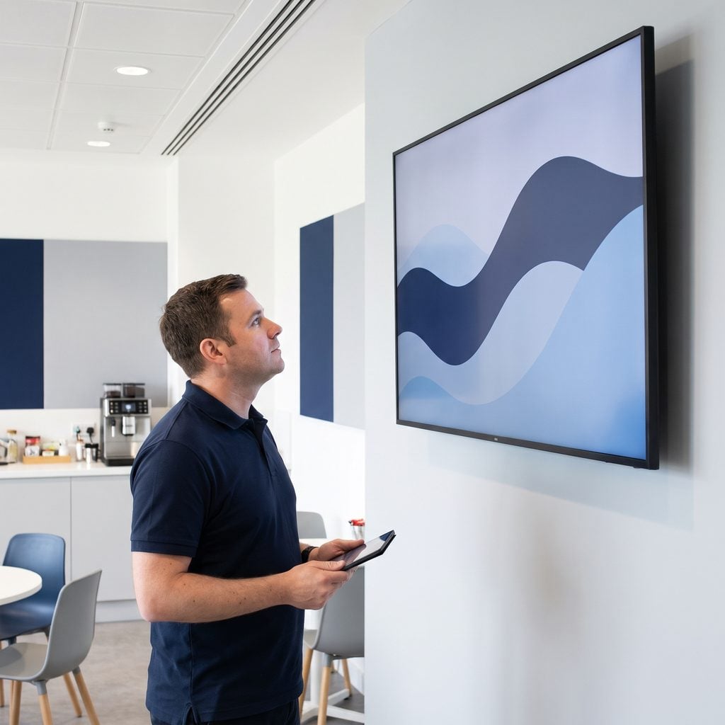 Triton technician in a navy polo checking a wall-mounted digital signage display in an office break room