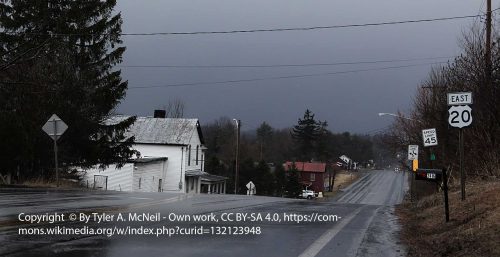 A rural road with bare trees, a few houses, and a speed limit sign for 45 mph. The sky is overcast, and the road is wet, possibly from recent rain. Route 220, passing through Carlisle—a hub for managed IT services—is seen on the right.