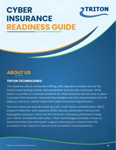 Cover of a guide titled "Cyber Insurance Readiness Guide" by Triton Technologies, featuring a blue design with text about cybersecurity measures and services.