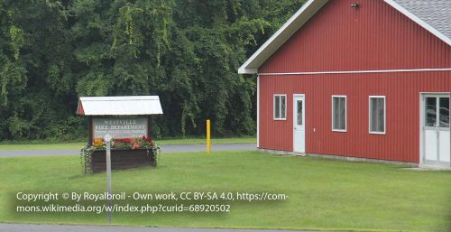 A red building next to a sign that reads "Westville Fire Department" stands proudly. Trees are visible in the background, surrounded by grass and pavement. This area showcases how Westville might benefit from managed IT services to enhance operational efficiency.